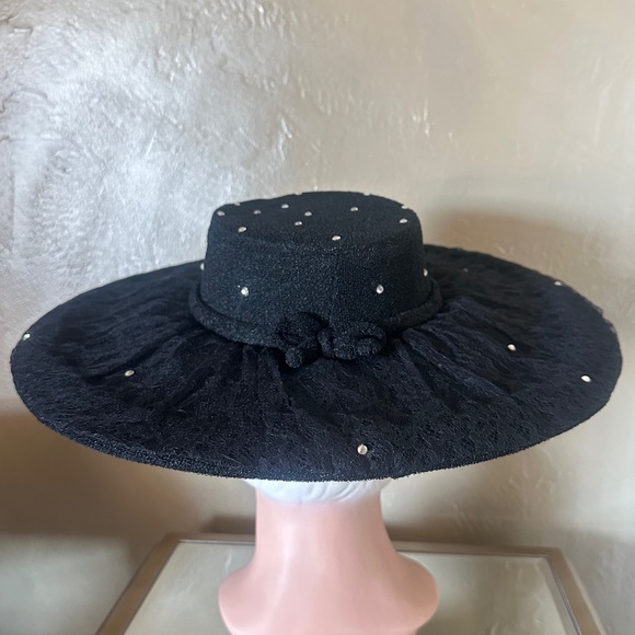 GLITZY 1950\'s BLACK FABRIC/LACE  WIDE BRIM HAT + RHINESTONES main image 5